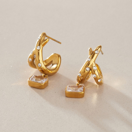 Boucles d'oreilles pendantes pour femme, forme géométrique, en acier inoxydable, couleur or, étanches, ornées de strass et de zircon. 2