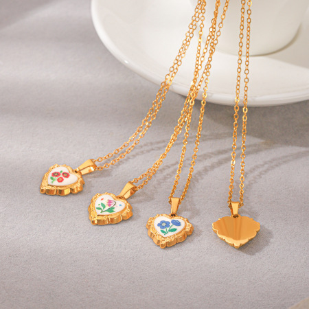 Colliers Pendentifs Pour Femmes En Acier Inoxydable, Couleur Or, Avec Pendentif En Forme De Cœur Et Fleur Émaillée, Étanche 2