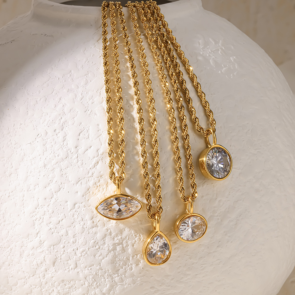 Colliers Pendentifs Pour Femmes En Acier Inoxydable Étanche, Forme Elliptique Et Goutte Simple, Couleur Or, Zircon Image2