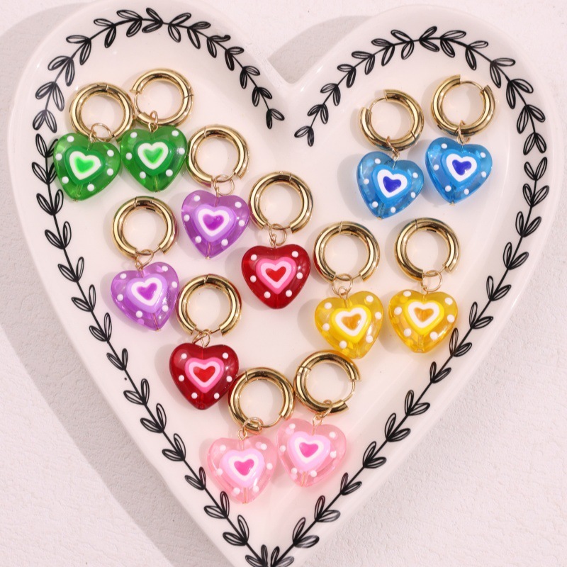 Boucles D'Oreilles Pendantes Pour Femme, Style Simple, Mignonnes, En Acier Inoxydable À Dégradé De Couleurs, Couleur Or, Avec Cœur. Image3