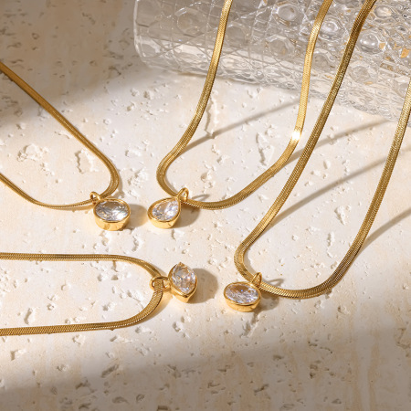 Colliers pendentifs pour femmes en acier inoxydable étanche, couleur or, forme elliptique en goutte, avec zircon