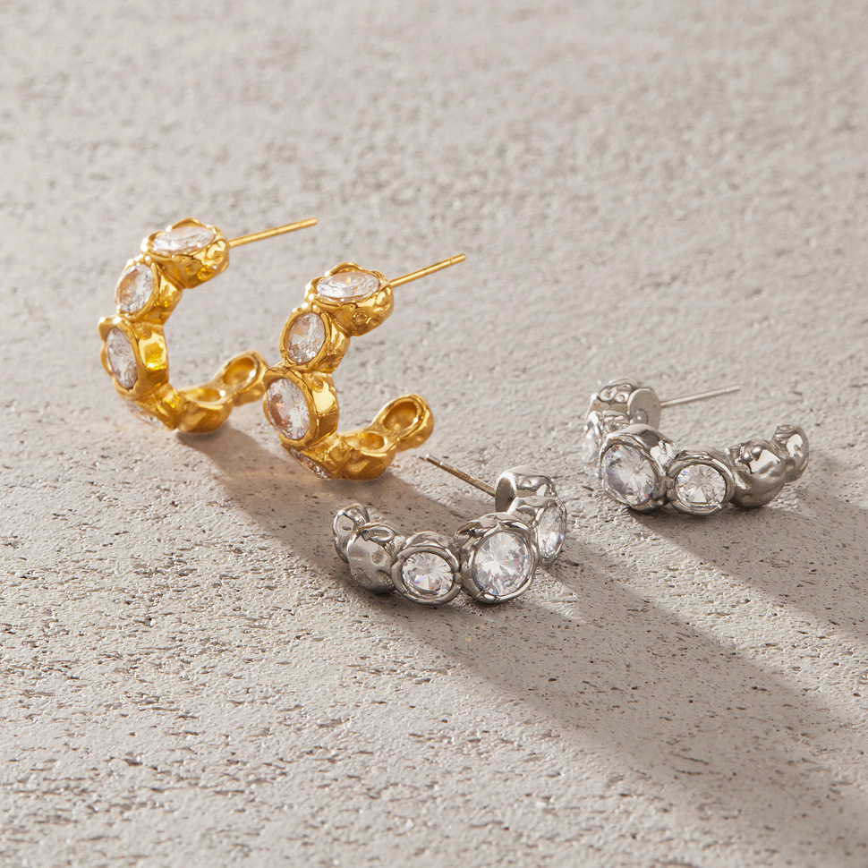Boucles D'Oreilles Puces Pour Femmes, Simples Et Rondes, En Acier Inoxydable, Étanches, Couleur Or, Avec Zircon. Image2