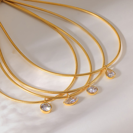 Collier ras-de-cou pour femme, en acier inoxydable imperméable, couleur or, forme ellipse, style goutte simple, avec zircon. 2