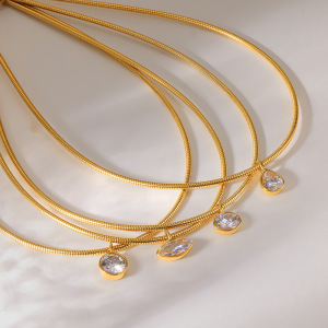 Collier Ras-De-Cou Pour Femme, En Acier Inoxydable Imperméable, Couleur Or, Forme Ellipse, Style Goutte Simple, Avec Zircon. h5 Image2
