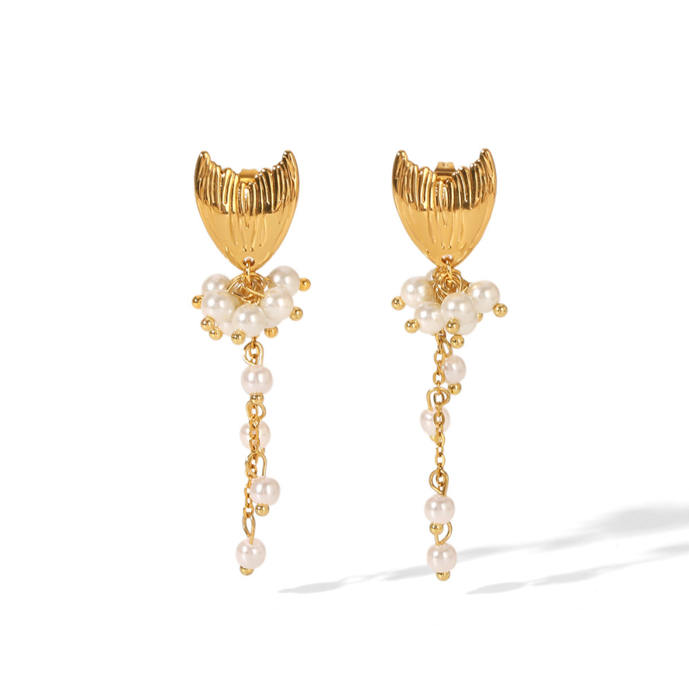 Boucles D'Oreilles Puces Pour Femmes, Modèle Simple Series Daily Tassel Fish, En Acier Inoxydable, Couleur Or, Imperméables, Avec Perles Artificielles. Image7