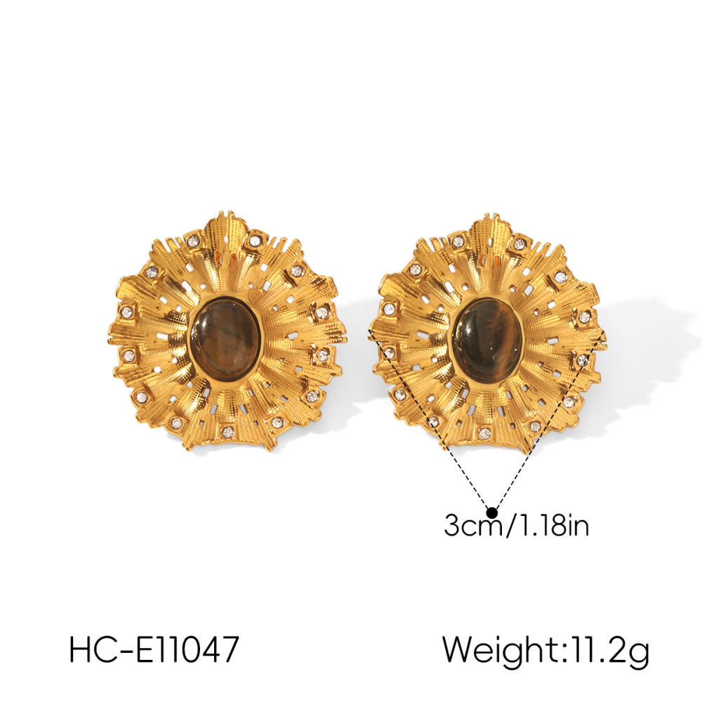Boucles D'Oreilles Puces Pour Femmes, Forme Soleil Rétro, En Acier Inoxydable, Couleur Or, Imperméables, Avec Pierre Naturelle Et Zircon. Image2