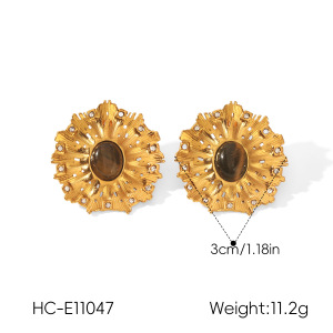 Boucles D'Oreilles Puces Pour Femmes, Forme Soleil Rétro, En Acier Inoxydable, Couleur Or, Imperméables, Avec Pierre Naturelle Et Zircon. h5 Image2