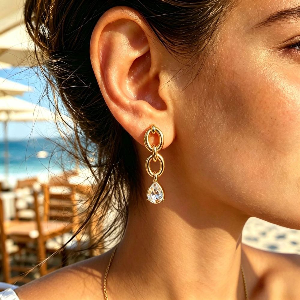 Boucles D'Oreilles Pendantes Pour Femme, En Acier Inoxydable, Couleur Or, Avec Zircon Et Chaîne En Forme De Goutte, Série Simple. Image3
