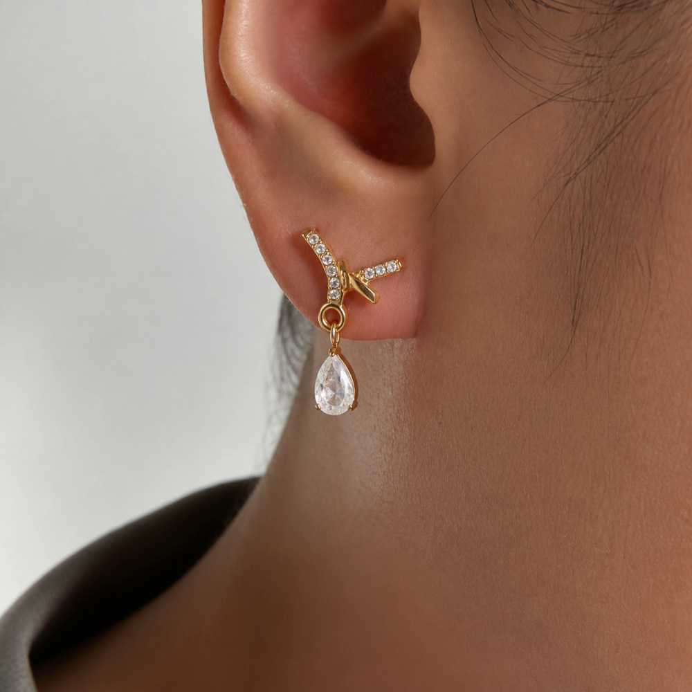 Boucles D'Oreilles Pendantes Pour Femme En Acier Inoxydable Doré, Imperméables, Avec Nœud Papillon, Strass Et Zircon. h5Image4