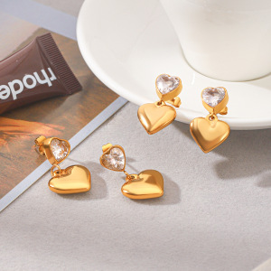 Boucles D'Oreilles Pendantes Pour Femme En Acier Inoxydable, Imperméables, Couleur Or, Avec Zircon Et Motif Cœur h5 Image3