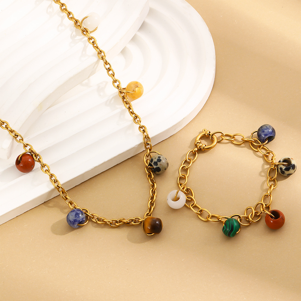 Collier Pendentif Femme Style Rétro, Chaîne Ronde, Acier Inoxydable, Couleur Or, Pierre Naturelle, Étanche Image3
