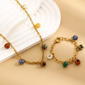 Collier Pendentif Femme Style Rétro, Chaîne Ronde, Acier Inoxydable, Couleur Or, Pierre Naturelle, Étanche h5 Image3
