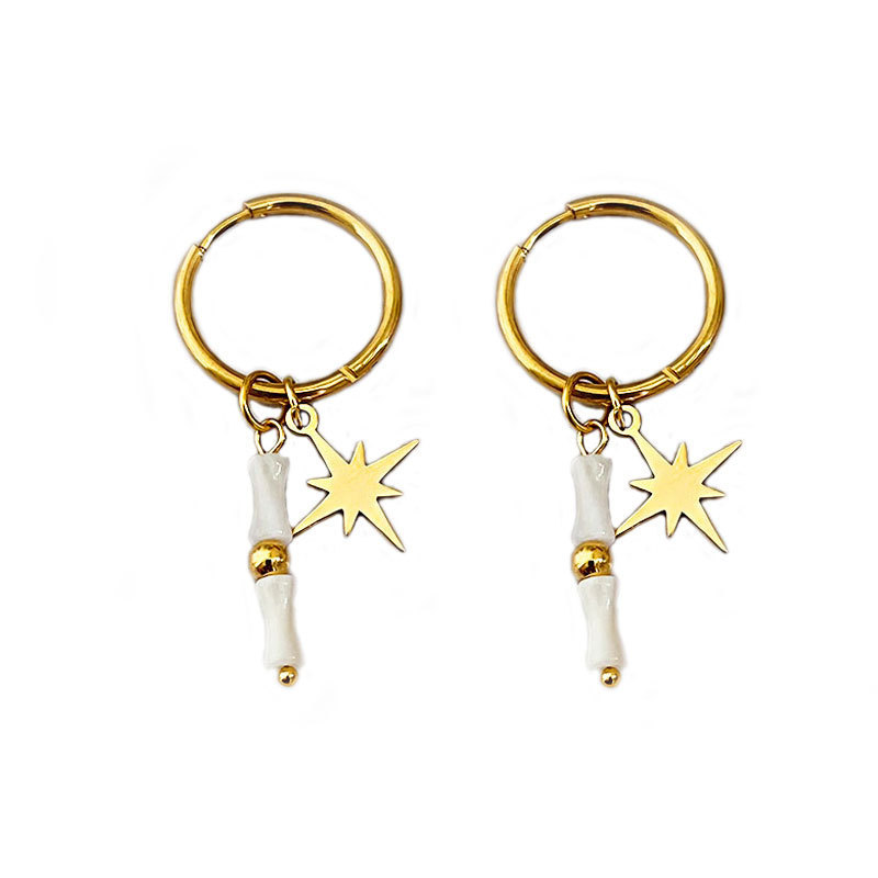 Boucles D'Oreilles Créoles Pour Femmes, Style Rétro, Perles, Étoile Et Cercle, En Acier Inoxydable, Étanches, Couleur Or, Collection Romantique Image5