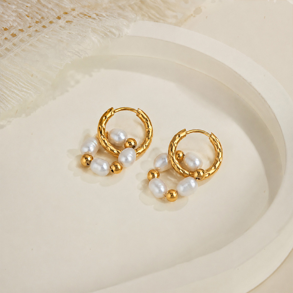 Boucles D'Oreilles Perles Rétro Rondes Simples En Acier Inoxydable Étanche Pour Femmes Image4