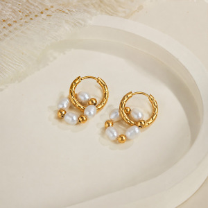 Boucles D'Oreilles Perles Rétro Rondes Simples En Acier Inoxydable Étanche Pour Femmes h5 Image4