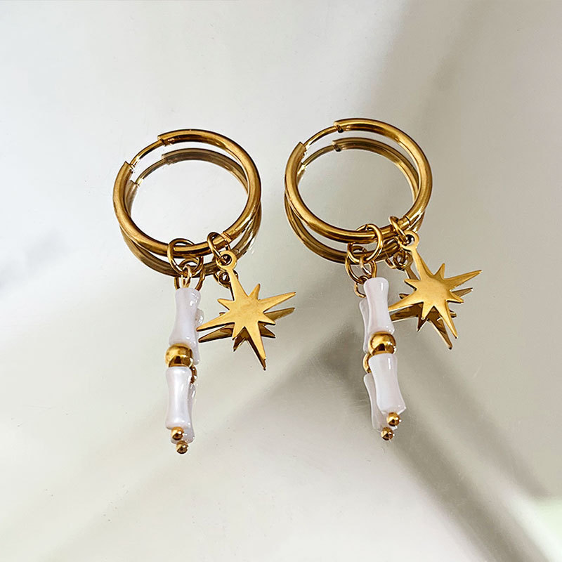Boucles D'Oreilles Créoles Pour Femmes, Style Rétro, Perles, Étoile Et Cercle, En Acier Inoxydable, Étanches, Couleur Or, Collection Romantique
