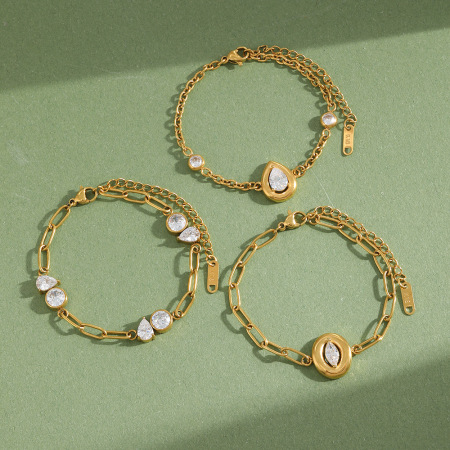 Bracelet chaîne élégante en acier inoxydable doré avec zircon, collection Luxueuse Series Elegant Droplet Chain.