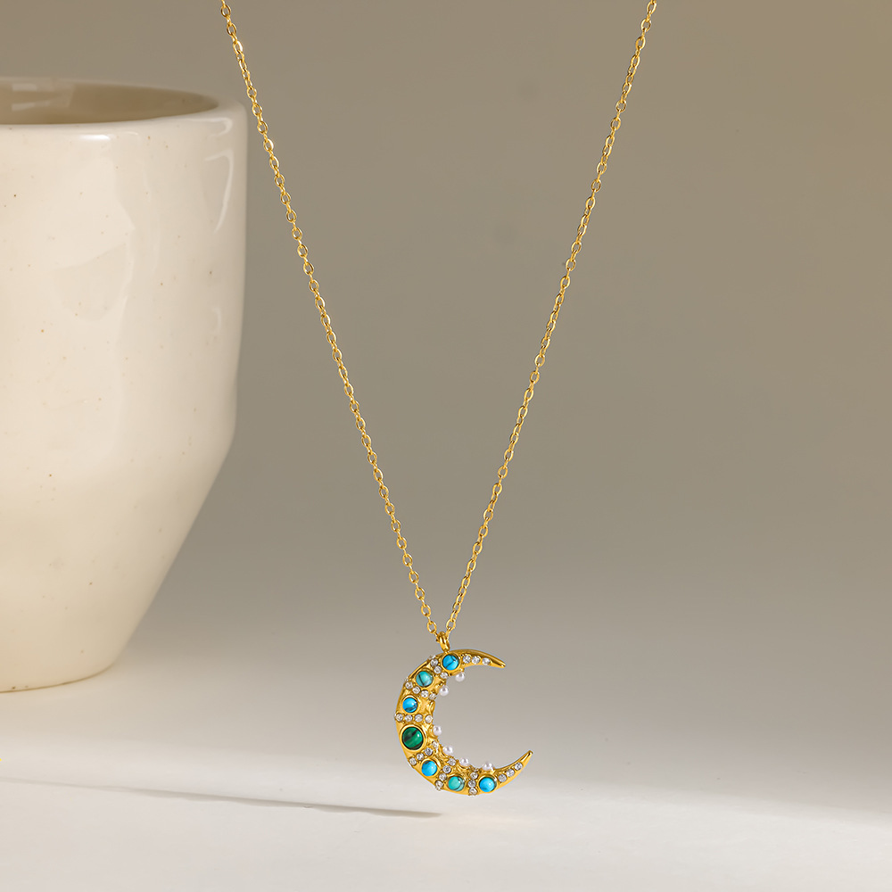 Colliers Pendentifs Femme En Acier Inoxydable Doré, Style Lune, Collection Romantique Décontractée h5Image3