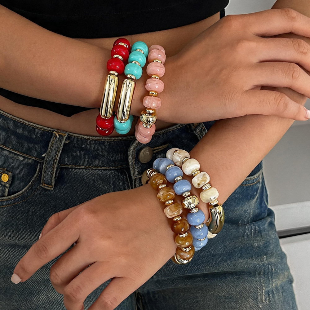 Bracelets De Perles Rétro Simples En Acrylique À Dégradé De Couleurs Pour Femmes Image3