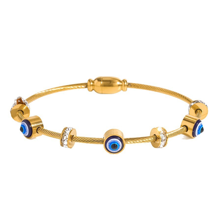 Bracelet Jonc Pour Femme Simple Series Retro Devil'S Eye, Forme Géométrique, Acier Inoxydable, Couleur Or, Zircon, Étanche Image5