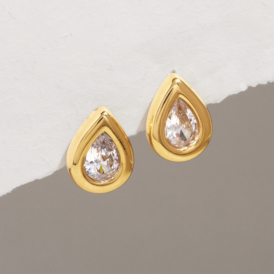 Boucles D'Oreilles Puces Pour Femmes, Collection Simple, Élégantes, En Acier Inoxydable, Couleur Or, Avec Zircon Et Chaîne Goutte D'Eau. Image2