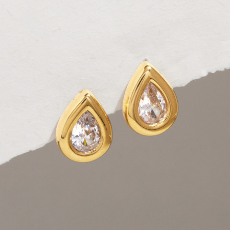 Boucles d'oreilles puces pour femmes, collection Simple, élégantes, en acier inoxydable, couleur or, avec zircon et chaîne goutte d'eau. 2
