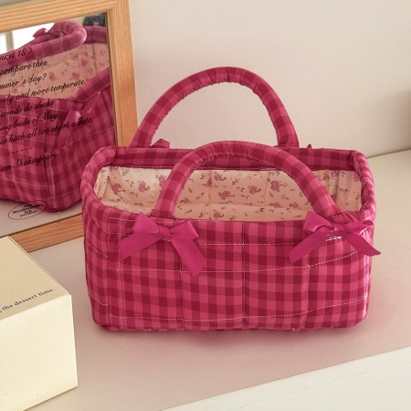 Sac de rangement en coton à carreaux avec nœud papillon, collection romantique