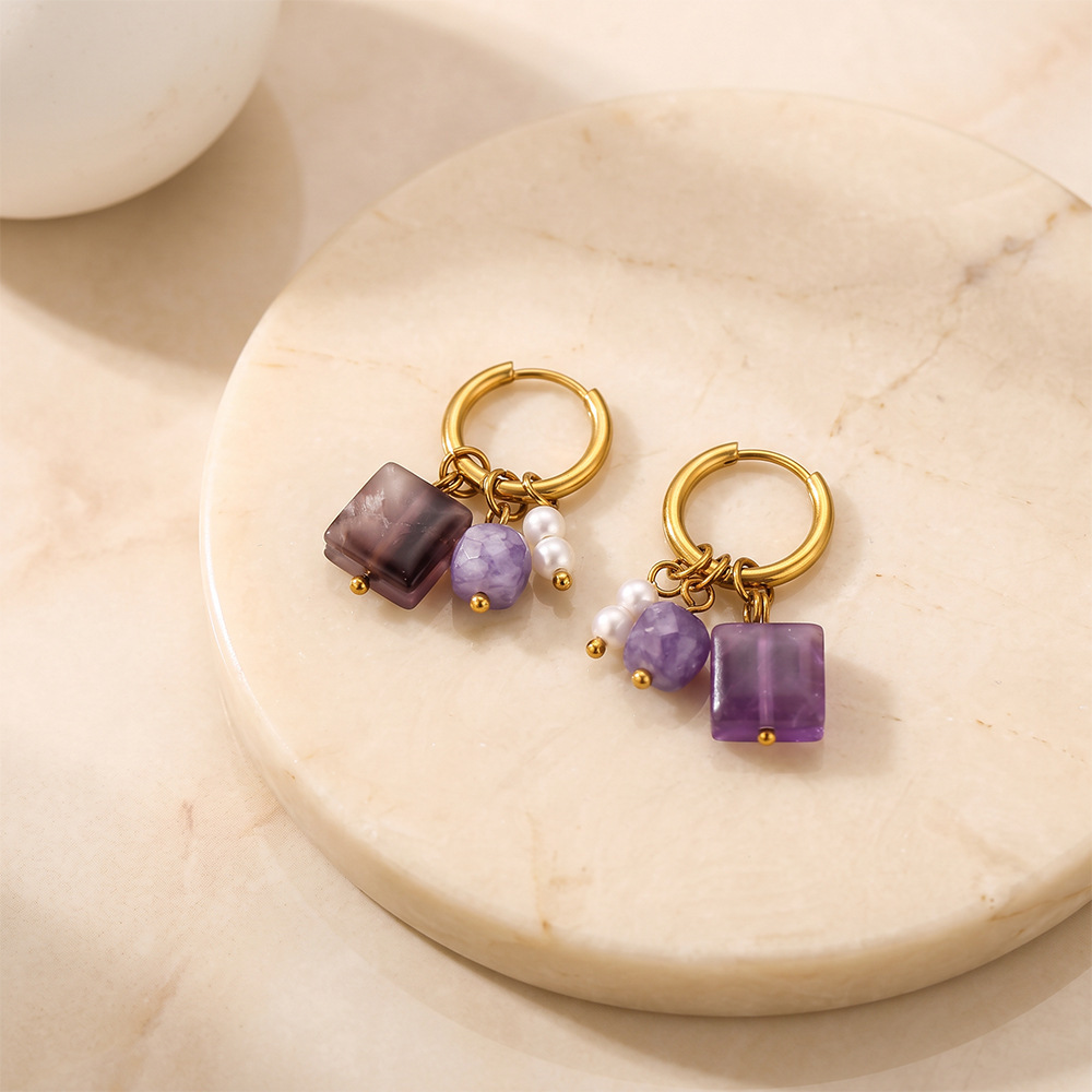 Boucles D'Oreilles Pendantes Pour Femme, Style Romantique, En Acier Inoxydable Rectangulaire, Étanches, Couleur Or, Avec Pierres Naturelles. h5Image4