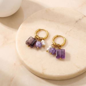 Boucles D'Oreilles Pendantes Pour Femme, Style Romantique, En Acier Inoxydable Rectangulaire, Étanches, Couleur Or, Avec Pierres Naturelles. h5 Image4