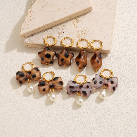 Boucles d'oreilles pendantes pour femme, style rétro, nœud papillon, imprimé léopard, en acier inoxydable, couleur or, étanches, collection romantique