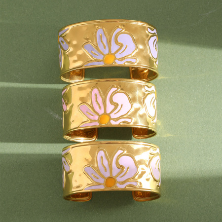 Bracelet jonc pour femme Simple Series Sweet Flower en acier inoxydable, couleur or, étanche