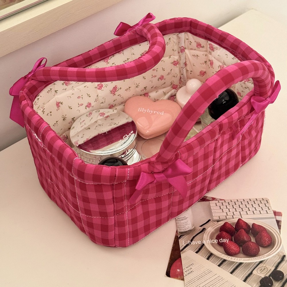 Sac De Rangement En Coton À Carreaux Avec Nœud Papillon, Collection Romantique Image3