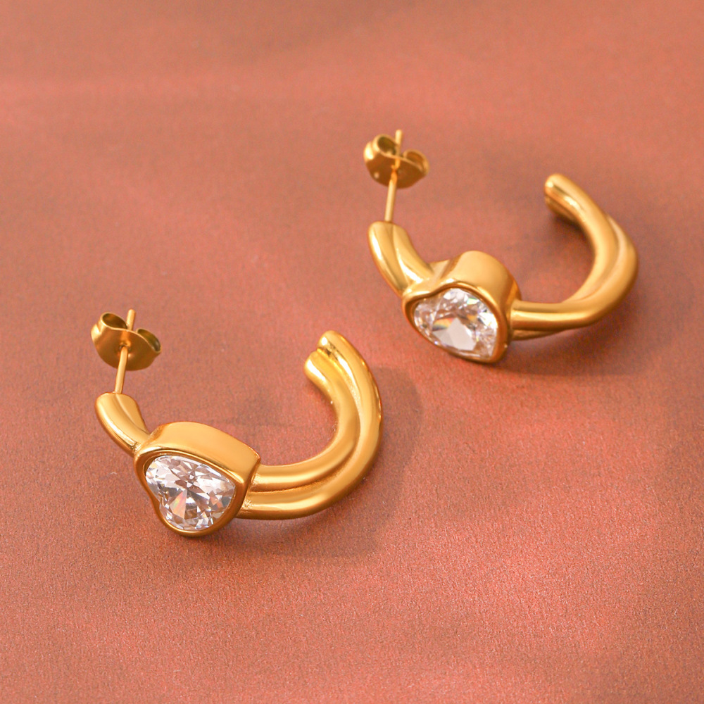 Boucles D'Oreilles Puces Pour Femmes Simple Series Daily Lines En Acier Inoxydable Étanche Couleur Or Et Zircon Image3