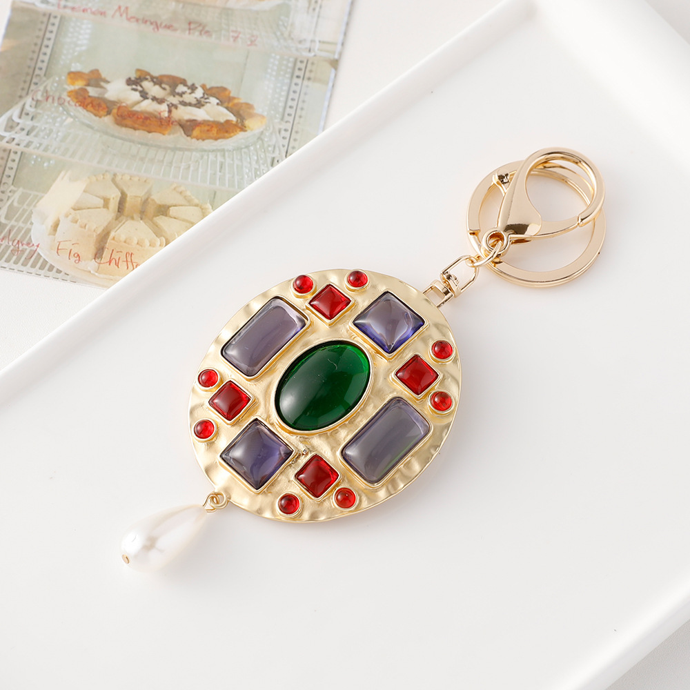 Porte-Clés Classique Rétro En Alliage Et Pierre Artificielle, Forme Géométrique Multicolore, Style Rétro. Image4