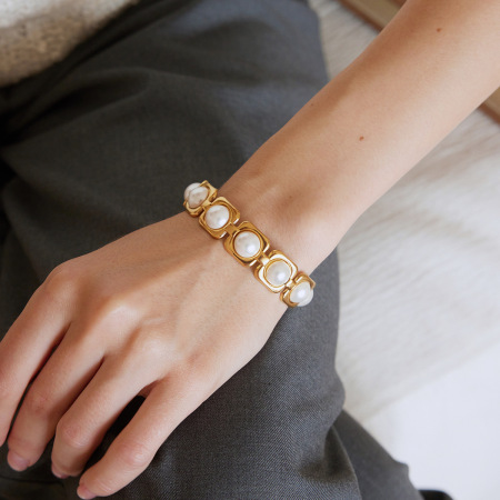 Bracelet Jonc Classique Élégant En Acier Inoxydable, Forme Géométrique Patchwork, Couleur Or, Pour Femme 2