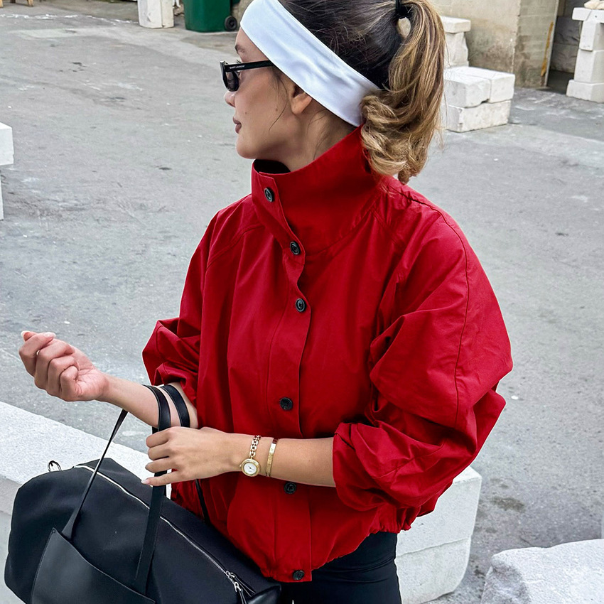Veste Rouge Décontractée À Col Roulé, Coupe Ample, À Boutons, Longue Et Coupe-Vent, Séchage Rapide, Couleur Unie.
