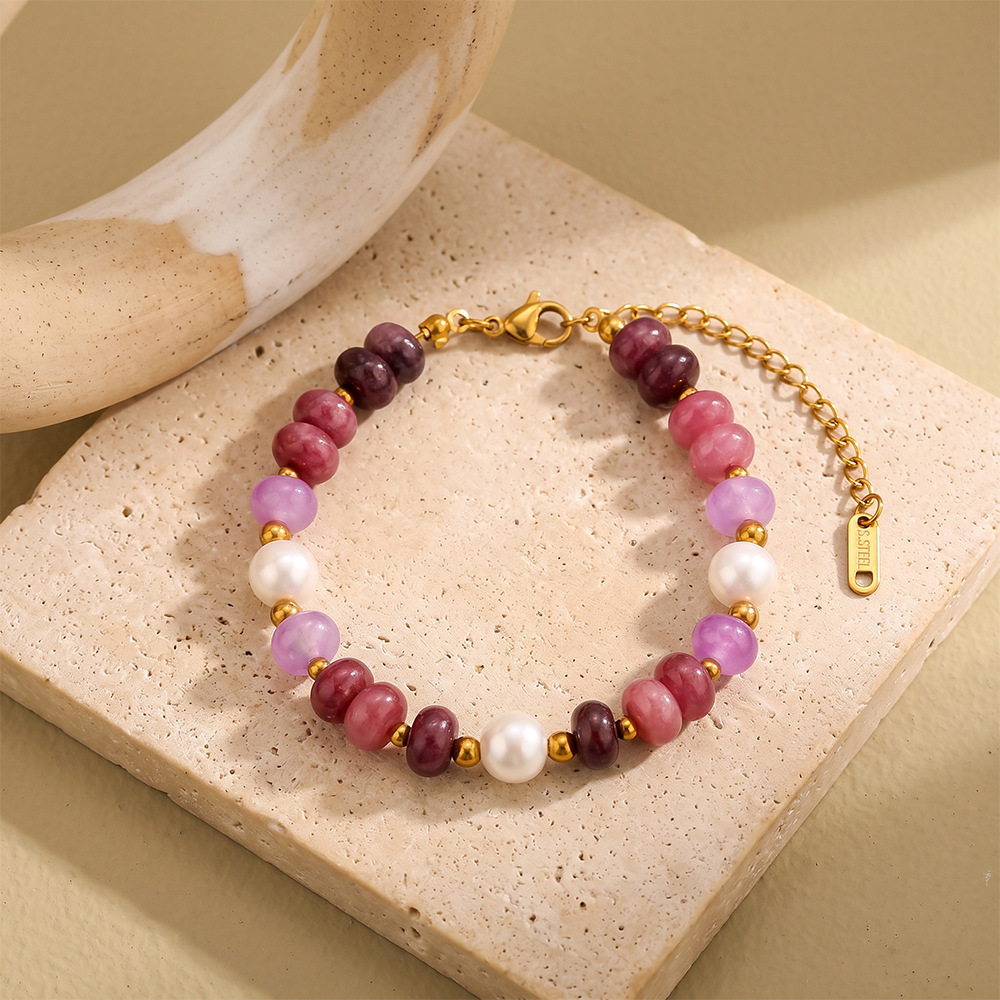 Bracelets À Perles Pour Femmes, Style Rétro, Couleur Unie, Pierres Naturelles Et Or. Image2
