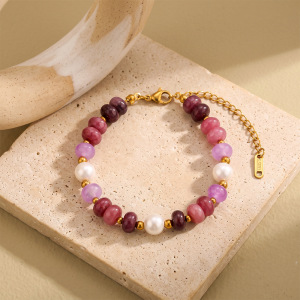 Bracelets À Perles Pour Femmes, Style Rétro, Couleur Unie, Pierres Naturelles Et Or. h5 Image2