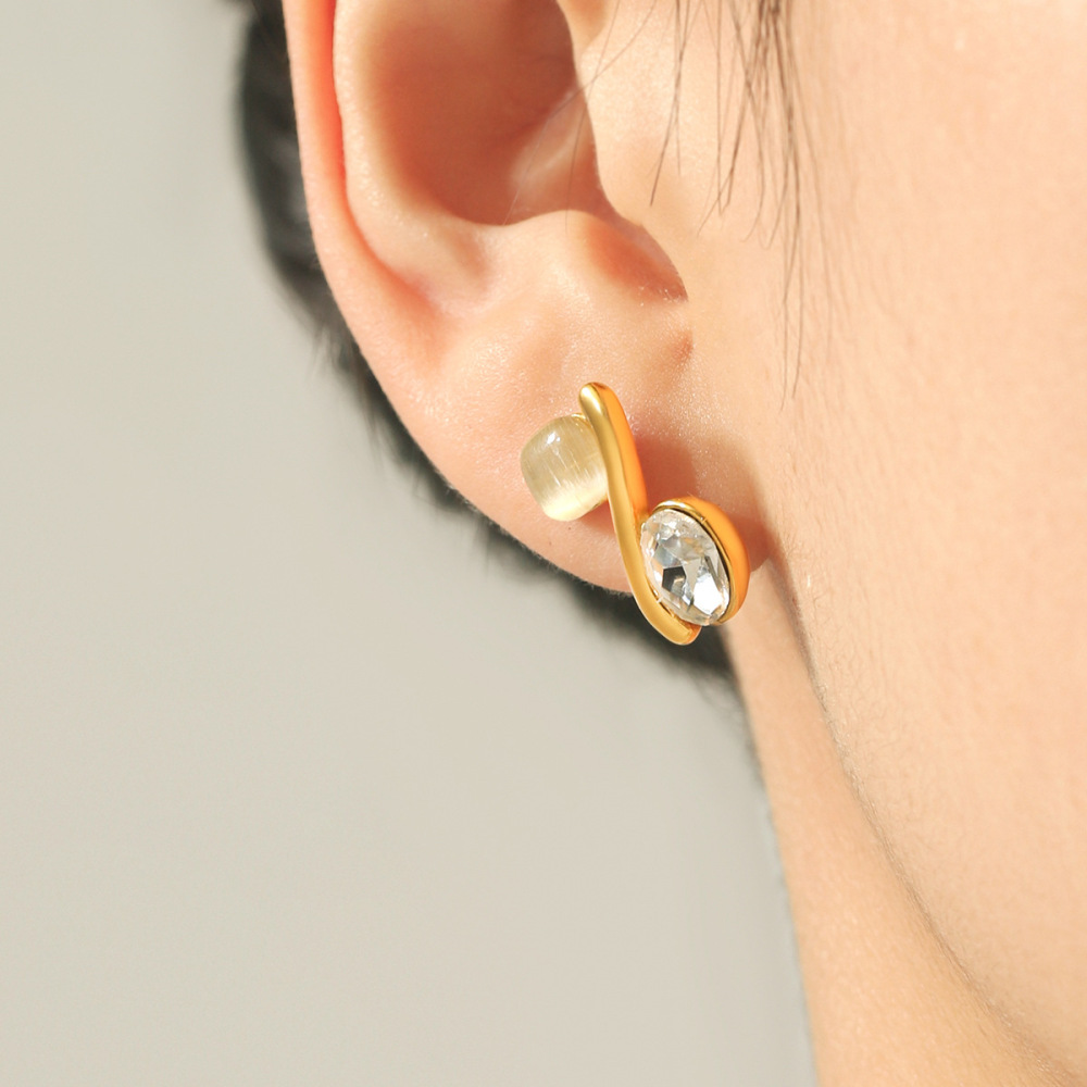 Boucles D'Oreilles Puces Pour Femmes, Collection Simple Series, Forme Irrégulière, Acier Inoxydable, Couleur Or, Étanches, Avec Pierre Naturelle h5Image4