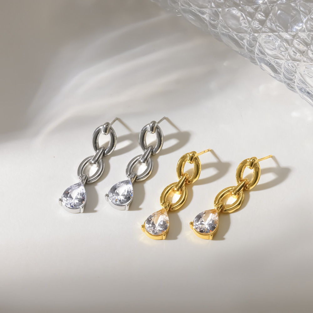 Boucles D'Oreilles Pendantes Pour Femme, En Acier Inoxydable, Couleur Or, Avec Zircon Et Chaîne En Forme De Goutte, Série Simple. Image2