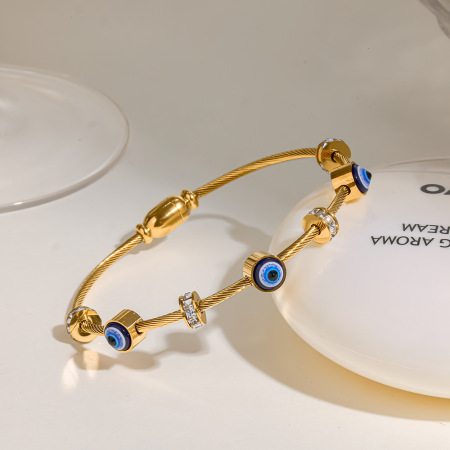 Bracelet Jonc Pour Femme Simple Series Retro Devil'S Eye, Forme Géométrique, Acier Inoxydable, Couleur Or, Zircon, Étanche 2