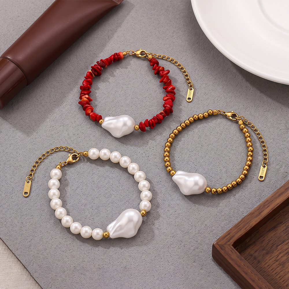 Bracelet De Perles Simple Series Daily En Acier Inoxydable, Étanche, Couleur Or, Pour Femme. Image2