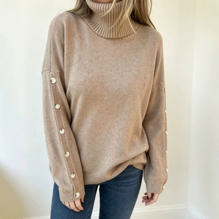 Pull à col roulé décontracté uni à boutons, coupe ample, en maille acrylique