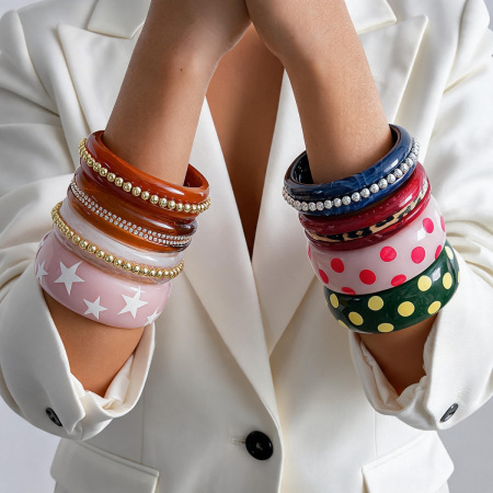 Bracelets pour femmes en résine à pois rétro dégradés de couleurs, ornés de perles artificielles