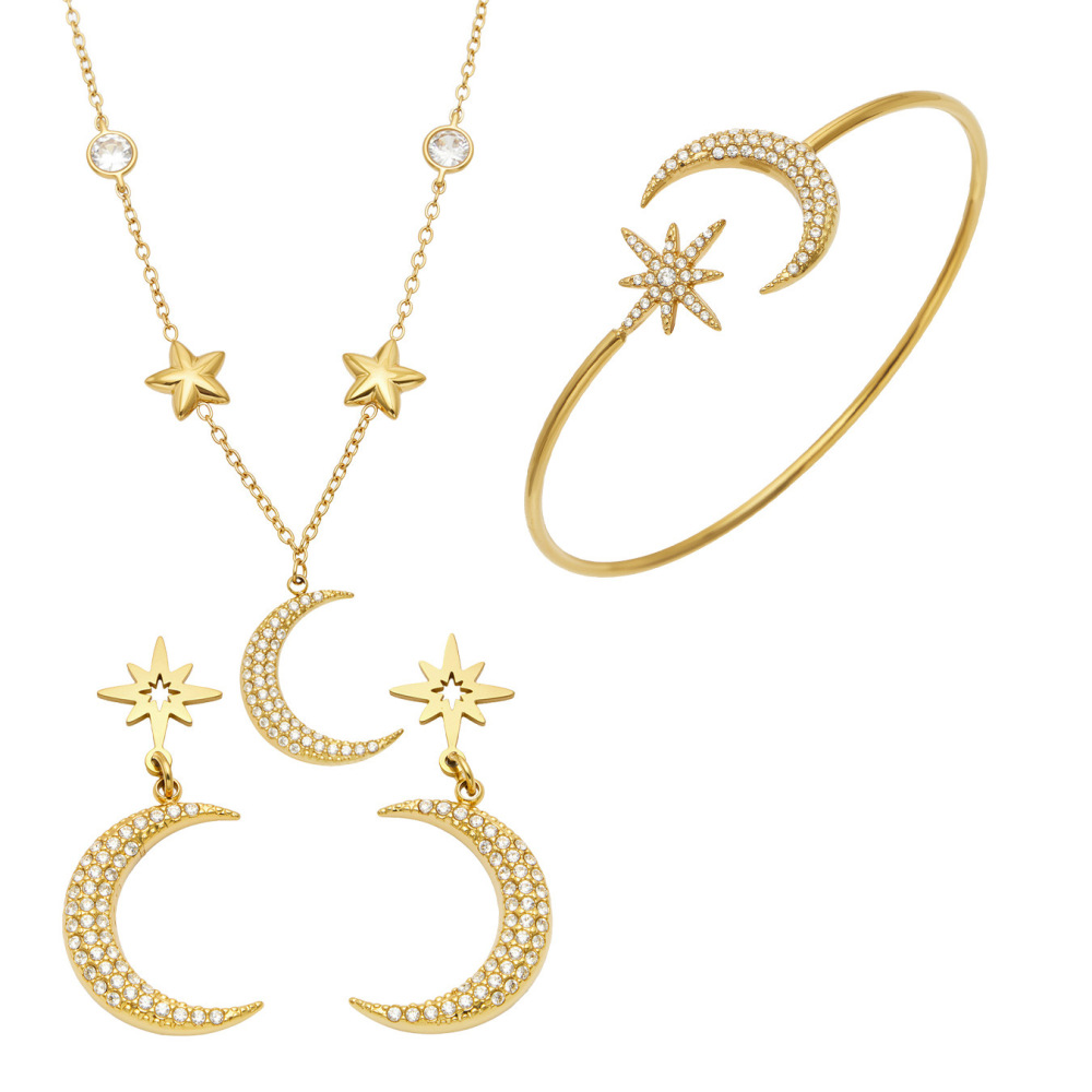 Ensembles De Bijoux Pour Femmes De La Série Luxueuse, Simples Et Irréguliers, En Acier Inoxydable, Étanches, Couleur Or, Avec Zircon, Motif Étoile Et Lune. h5Image5