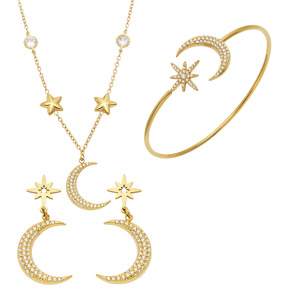 Ensembles De Bijoux Pour Femmes De La Série Luxueuse, Simples Et Irréguliers, En Acier Inoxydable, Étanches, Couleur Or, Avec Zircon, Motif Étoile Et Lune. h5 Image5