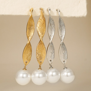 Boucles D'Oreilles Pendantes Pour Femme, En Acier Inoxydable De Forme Irrégulière, Imperméables, Couleur Or, Avec Perles Artificielles. h5 Image2