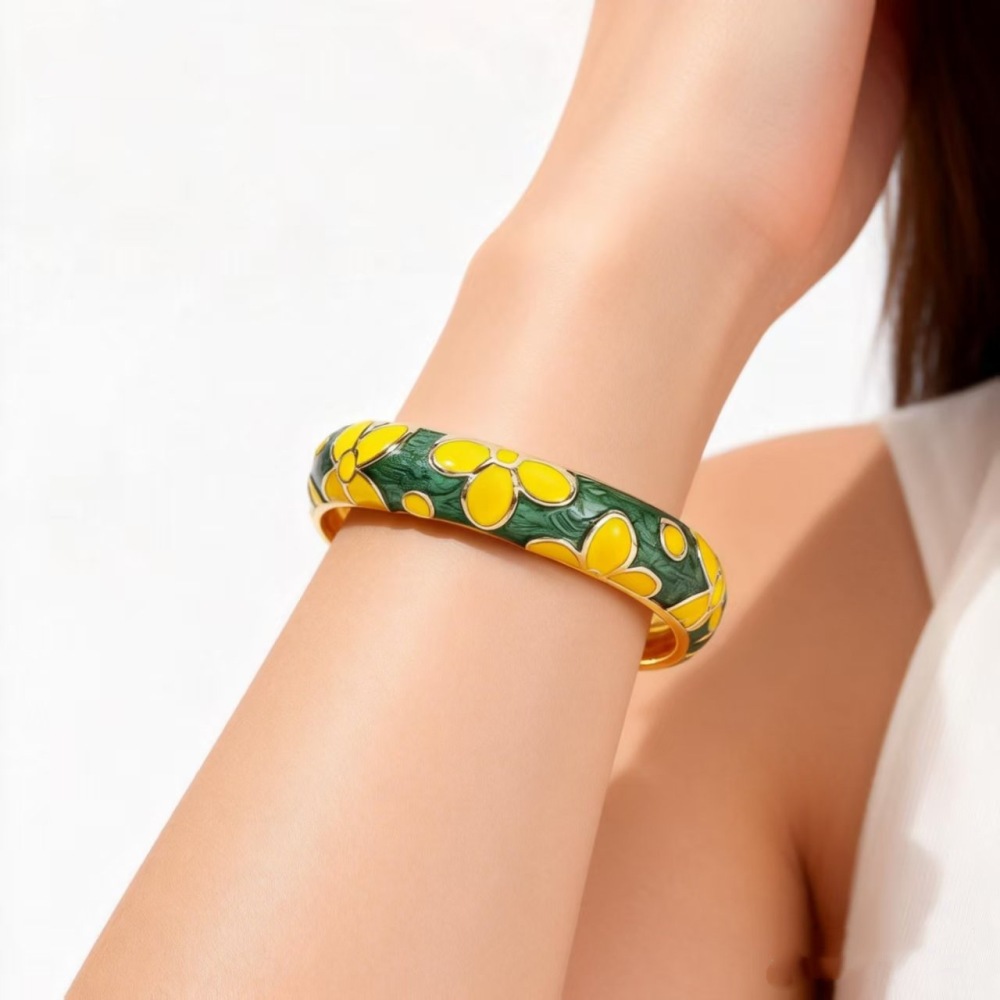 Bracelets Pour Femmes En Alliage Doré, Style Rétro Romantique, Motif Floral Aux Couleurs Dégradées Et Émaillées. h5Image2