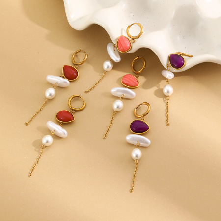 Boucles d'oreilles pour femme, perles romantiques et délicates de forme irrégulière, en acier inoxydable étanche couleur or et pierres naturelles. 2