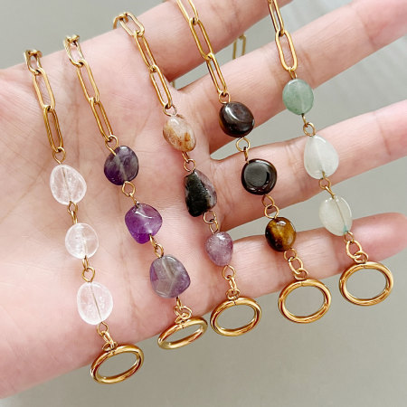 Chaîne à perles rétro de forme irrégulière, en acier inoxydable étanche, couleur or, avec pierres naturelles, pour femme. 2